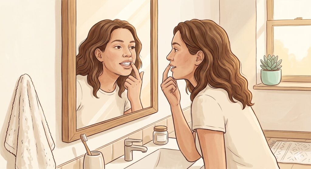 Illustration of an adult noticing their smile in a bathroom mirror
