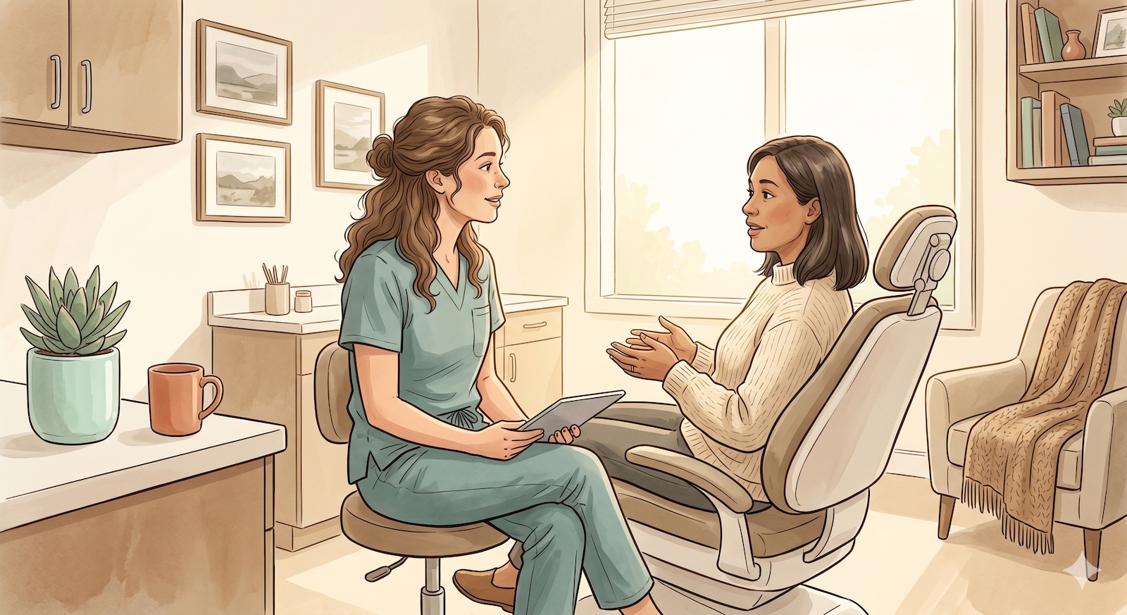Illustration of a dental provider consulting with a patient seated in a dental chair