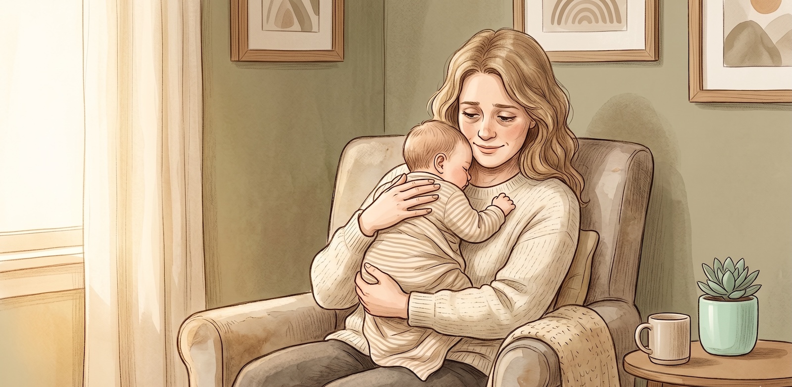 Illustration of a tired mother comforting a fussy, unsettled baby after feeding