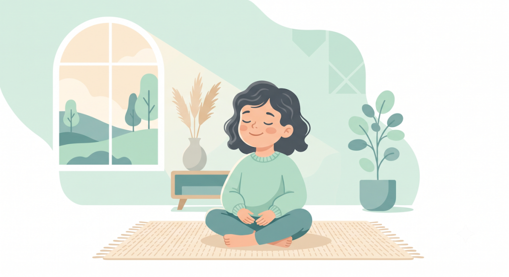 Calm young child sitting cross-legged, relaxed and breathing easily in a bright room