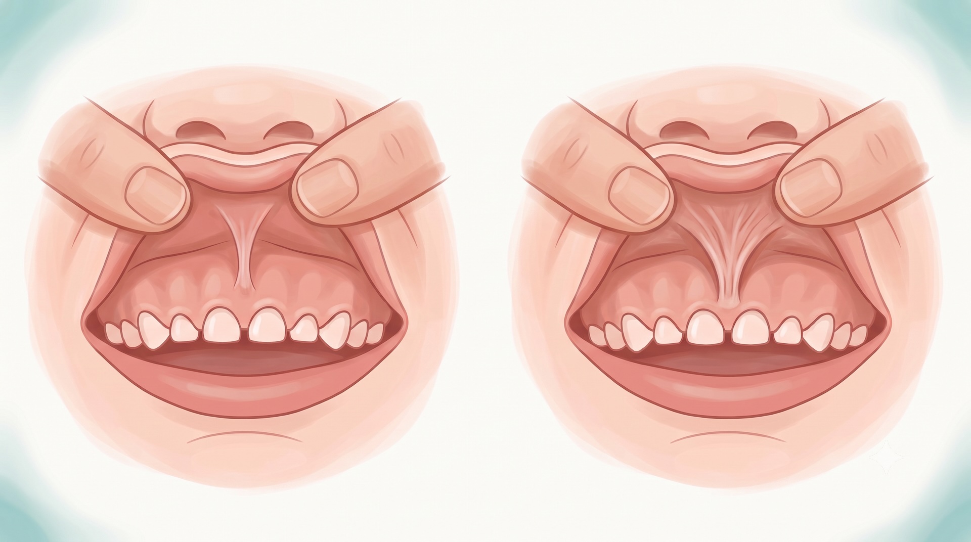 Illustration comparing a typical infant upper lip frenum with a lower, thicker lip tie attachment near the gum ridge