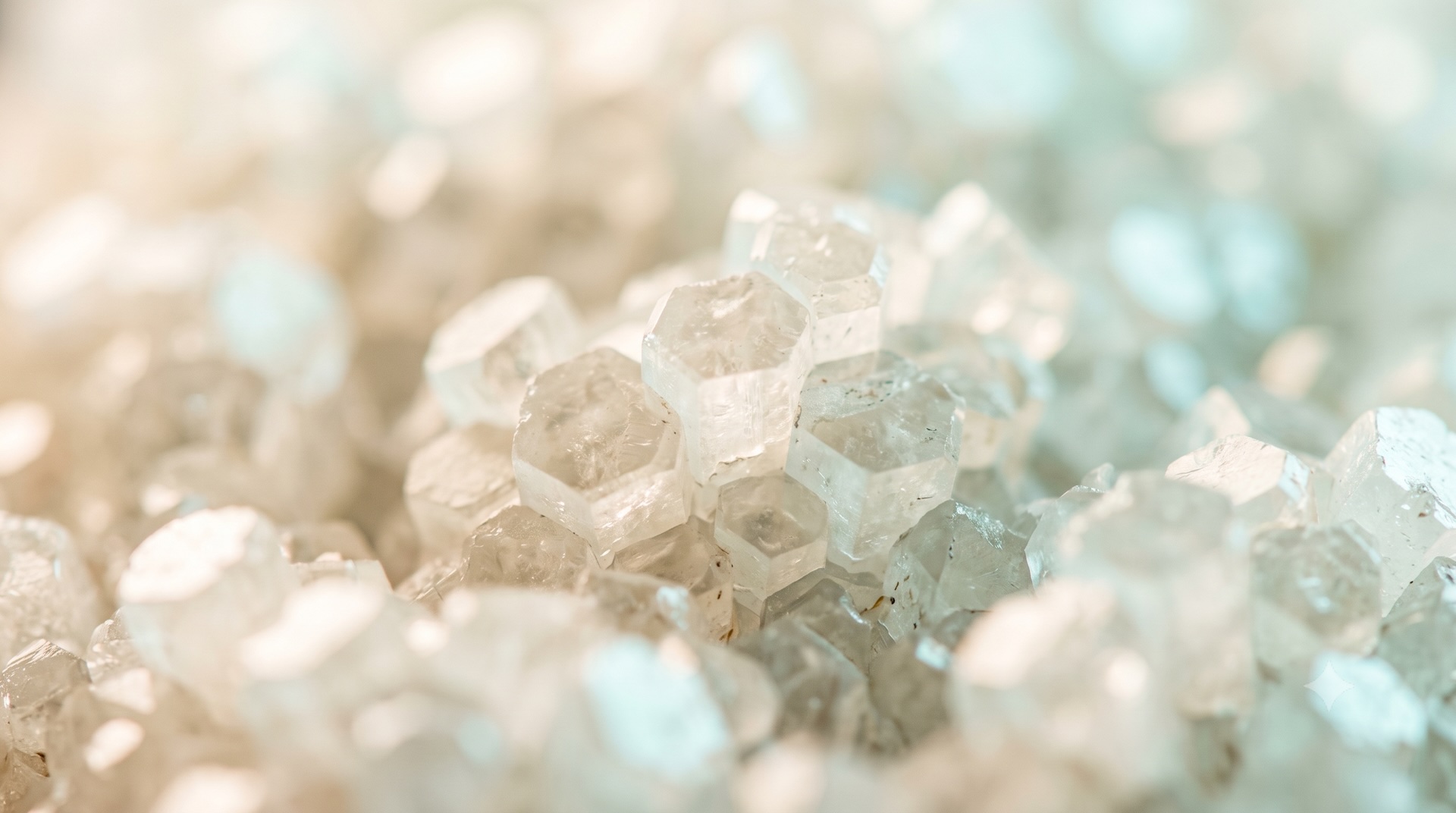 Macro view of pale hexagonal mineral crystals resembling the hydroxyapatite structure of tooth enamel