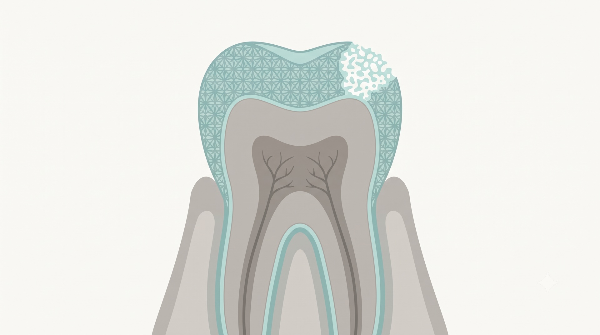 Illustration of tooth enamel in cross-section showing a small area of demineralized, more porous crystal structure