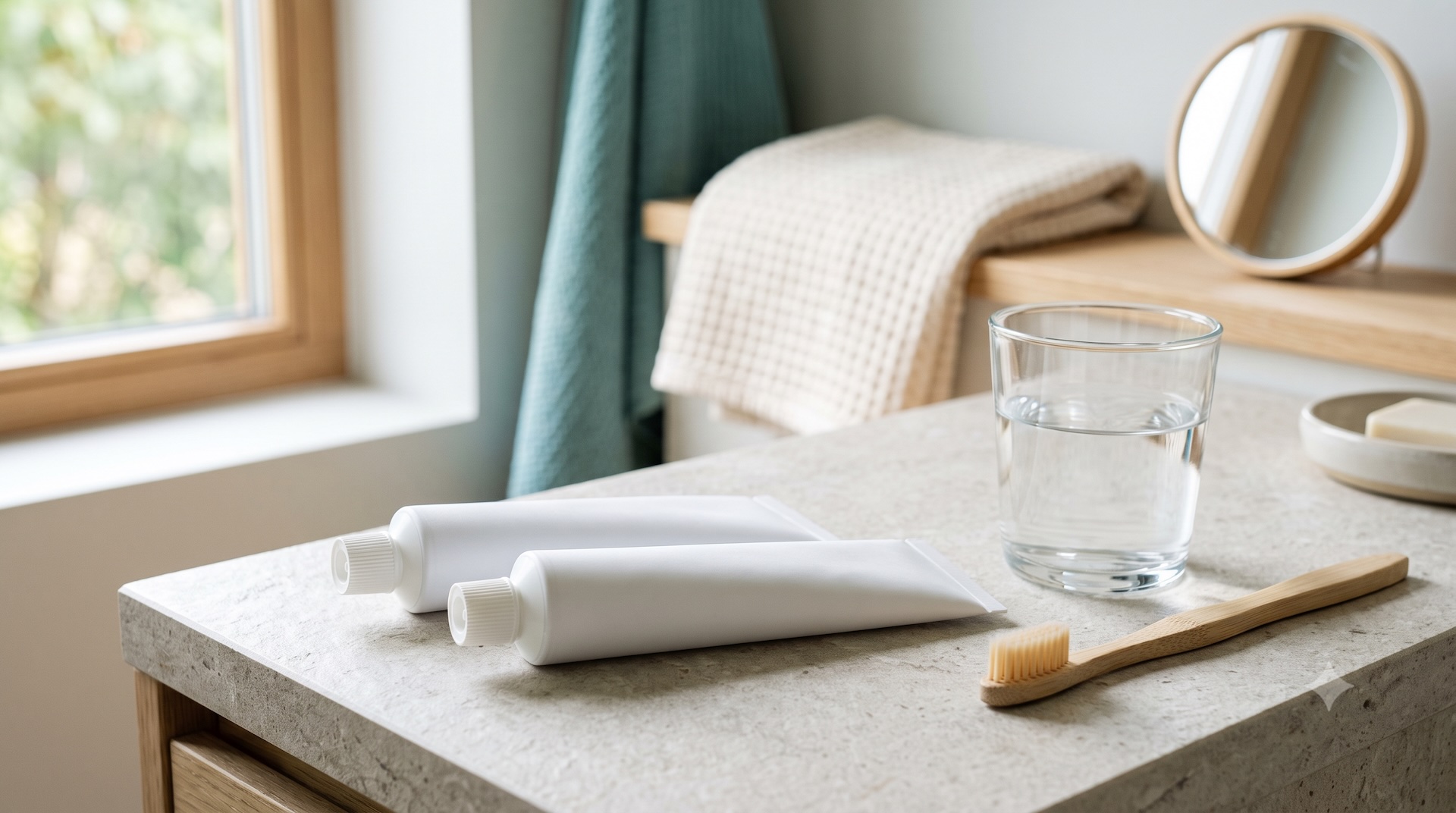 Two unlabeled toothpaste tubes side by side on a bathroom counter — hydroxyapatite versus fluoride comparison