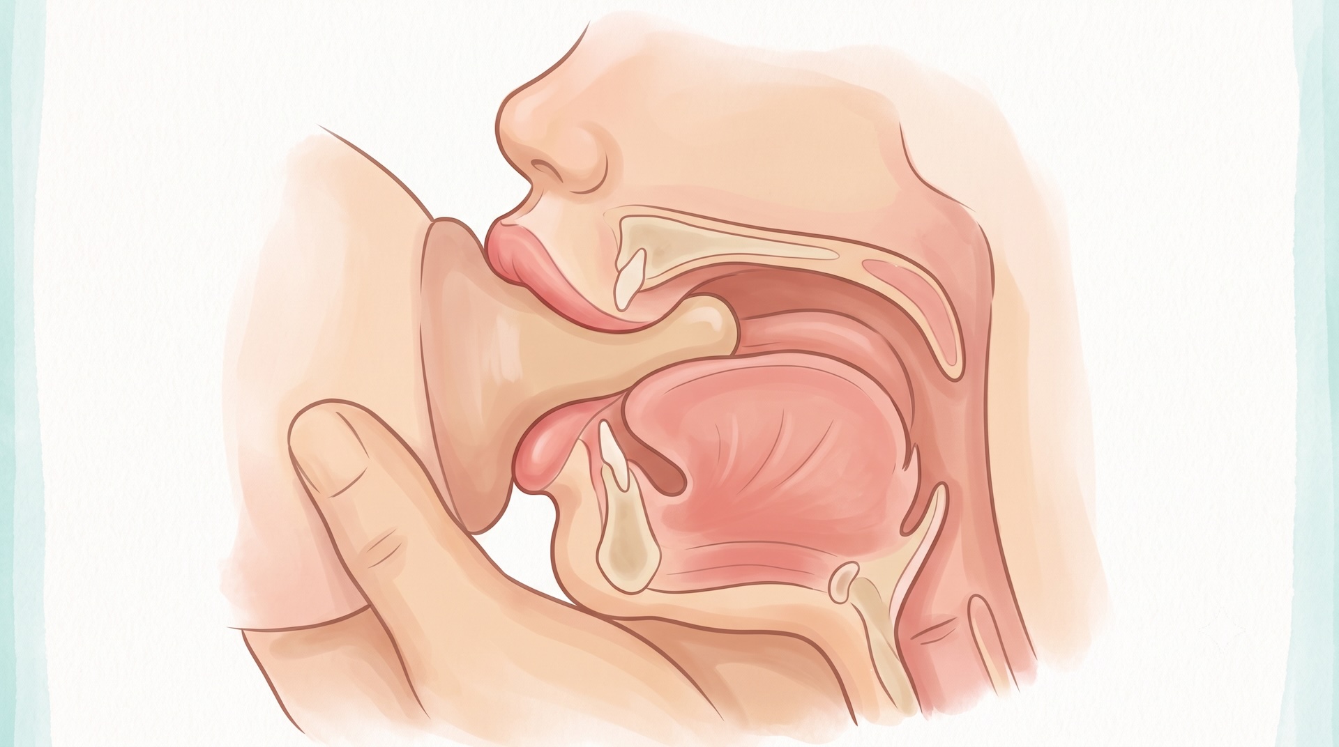 Illustration of an infant’s upper lip flanged outward while feeding, showing normal lip seal mechanics