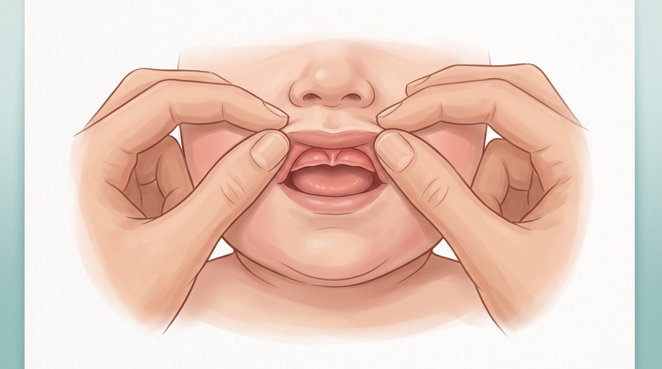 Illustration of a caregiver gently lifting an infant's upper lip to view the labial frenum during an evaluation