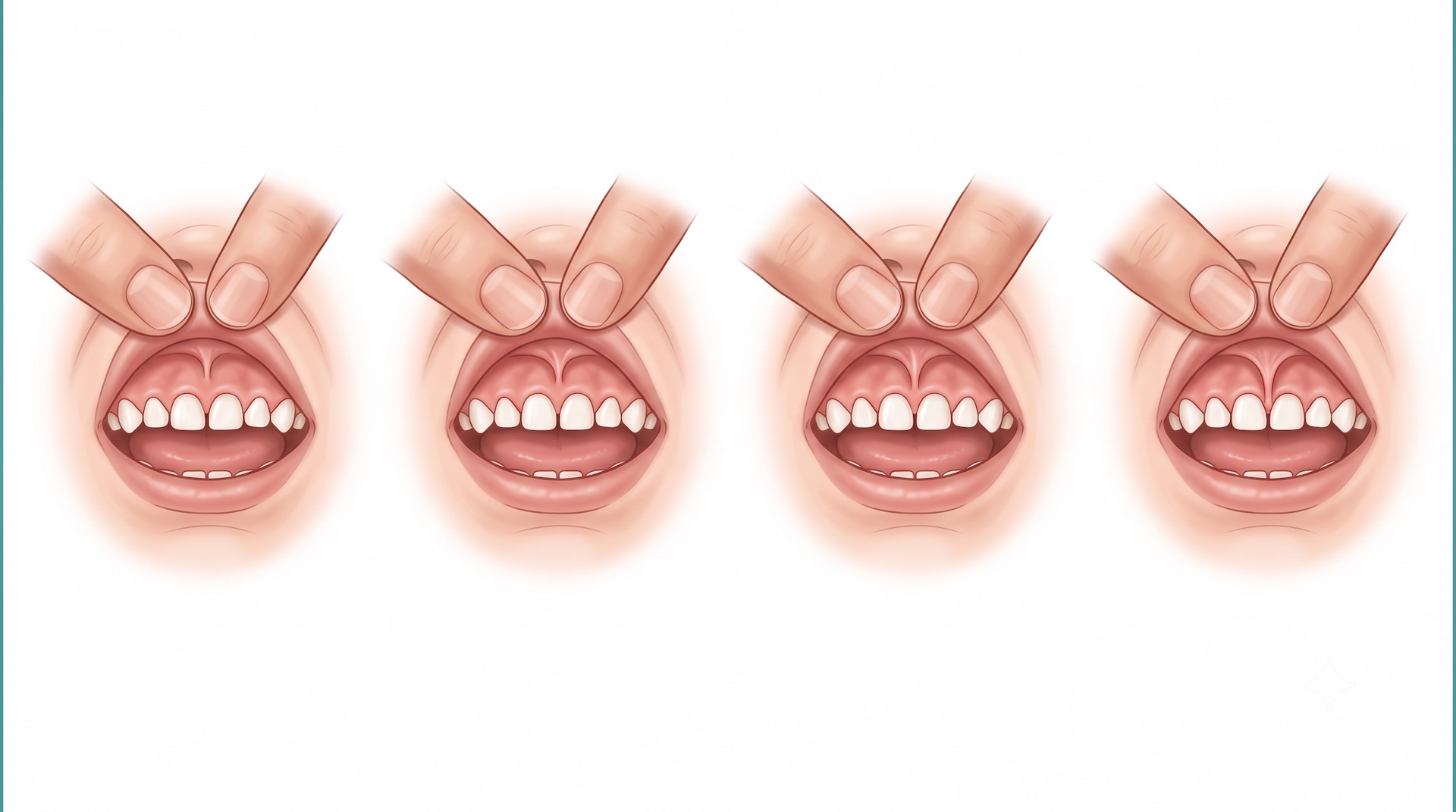 Illustration showing infant lip tie frenum attaching at progressively lower levels on the upper gum