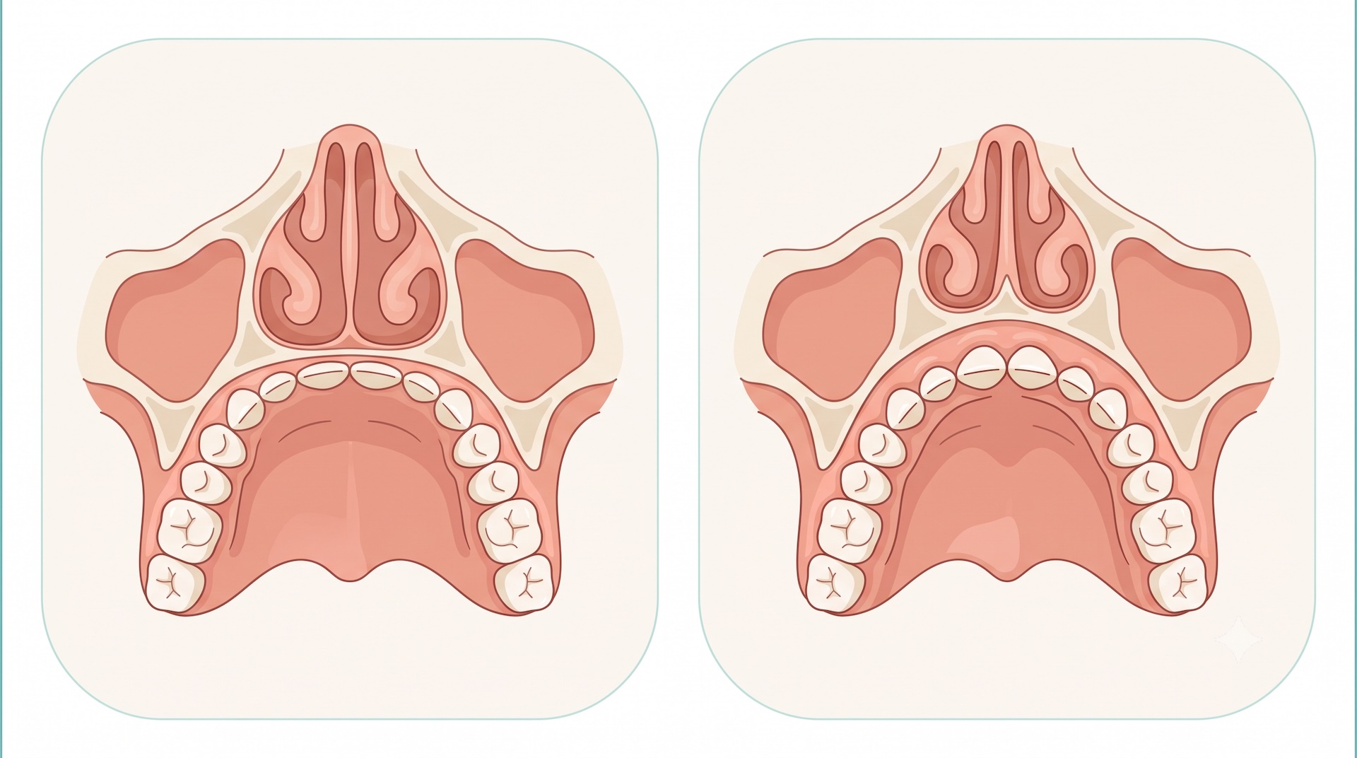 Cross-section illustration showing the roof of the mouth forming the floor of the nasal passage, comparing a broader palate with a narrow, high palate