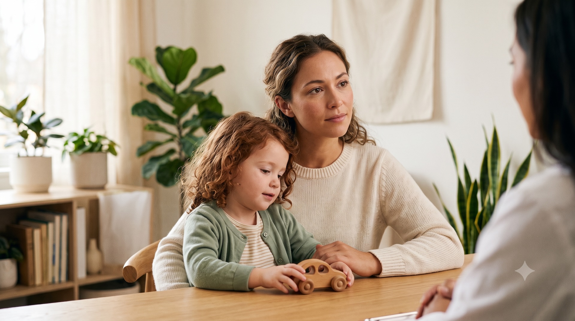 Parent and young child in an unhurried treatment-options conversation about silver diamine fluoride