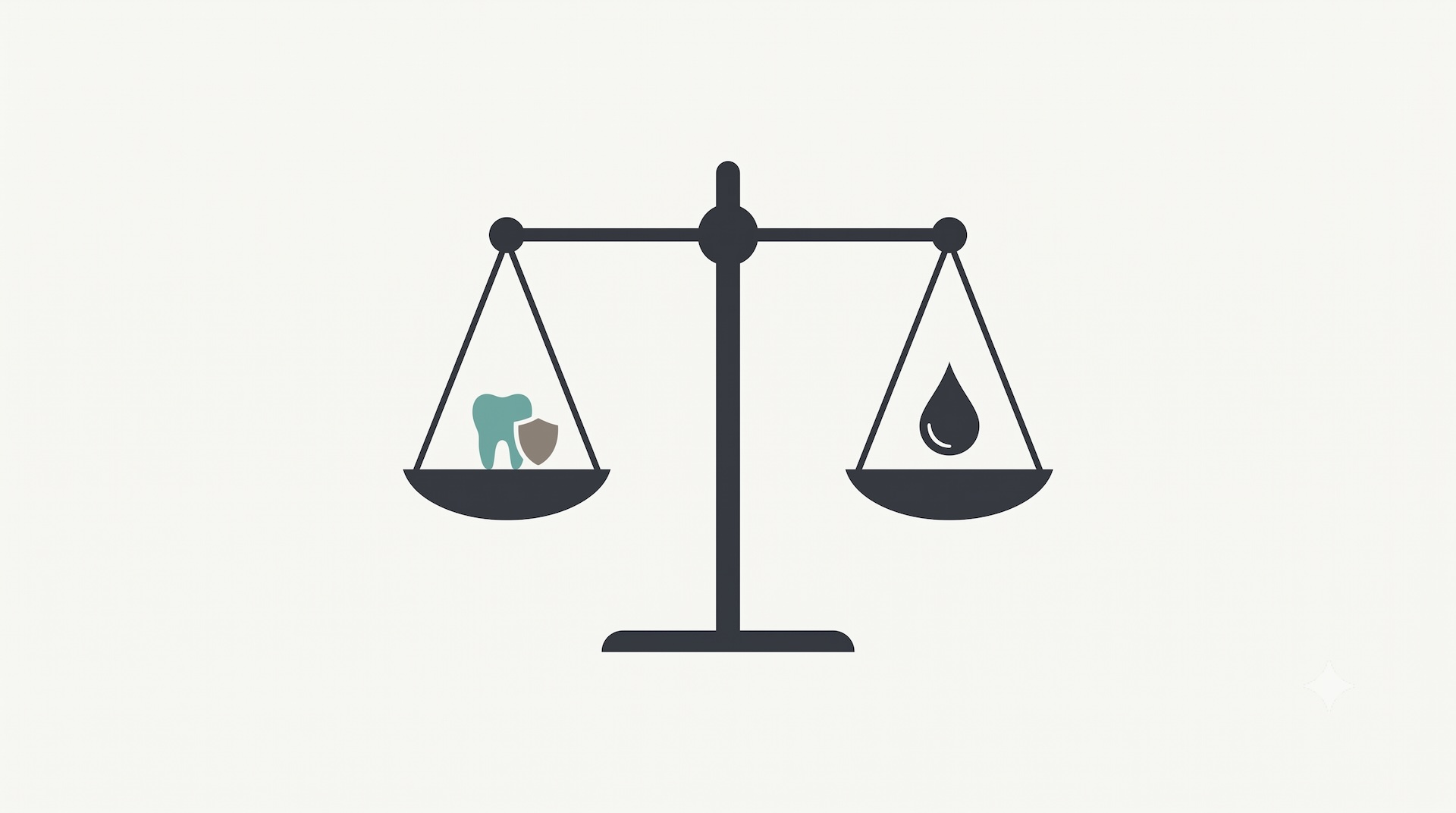 Illustration of a balance scale weighing cavity arrest against the permanent dark staining that silver diamine fluoride leaves