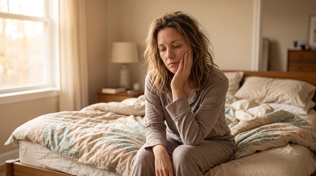 Adult sitting on the edge of a bed in morning light with a hand resting against the jaw — morning jaw soreness from nighttime teeth grinding