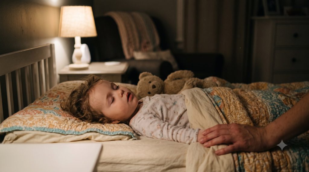 Toddler asleep with mouth slightly open while a parent watches — pediatric airway and snoring evaluation, Orland Park
