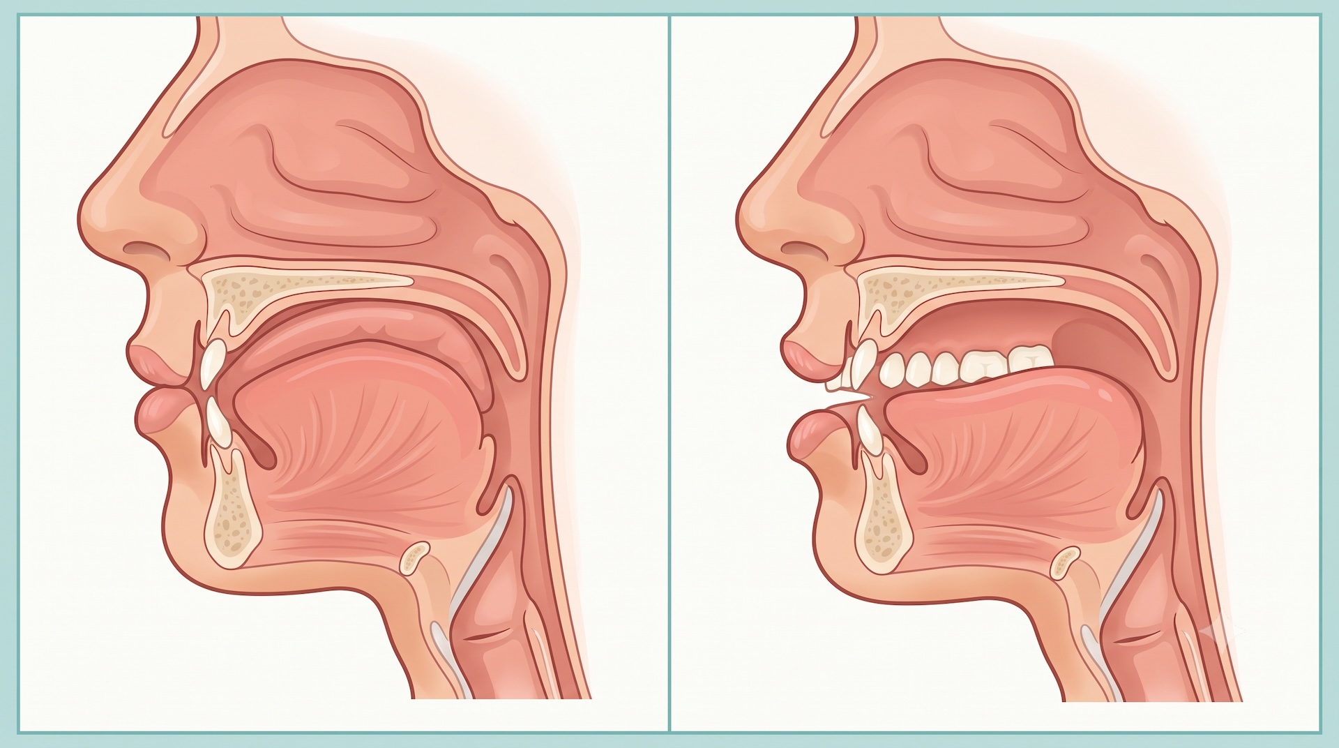 Side-by-side illustration comparing a tongue resting up against the palate with a tongue resting low on the floor of the mouth