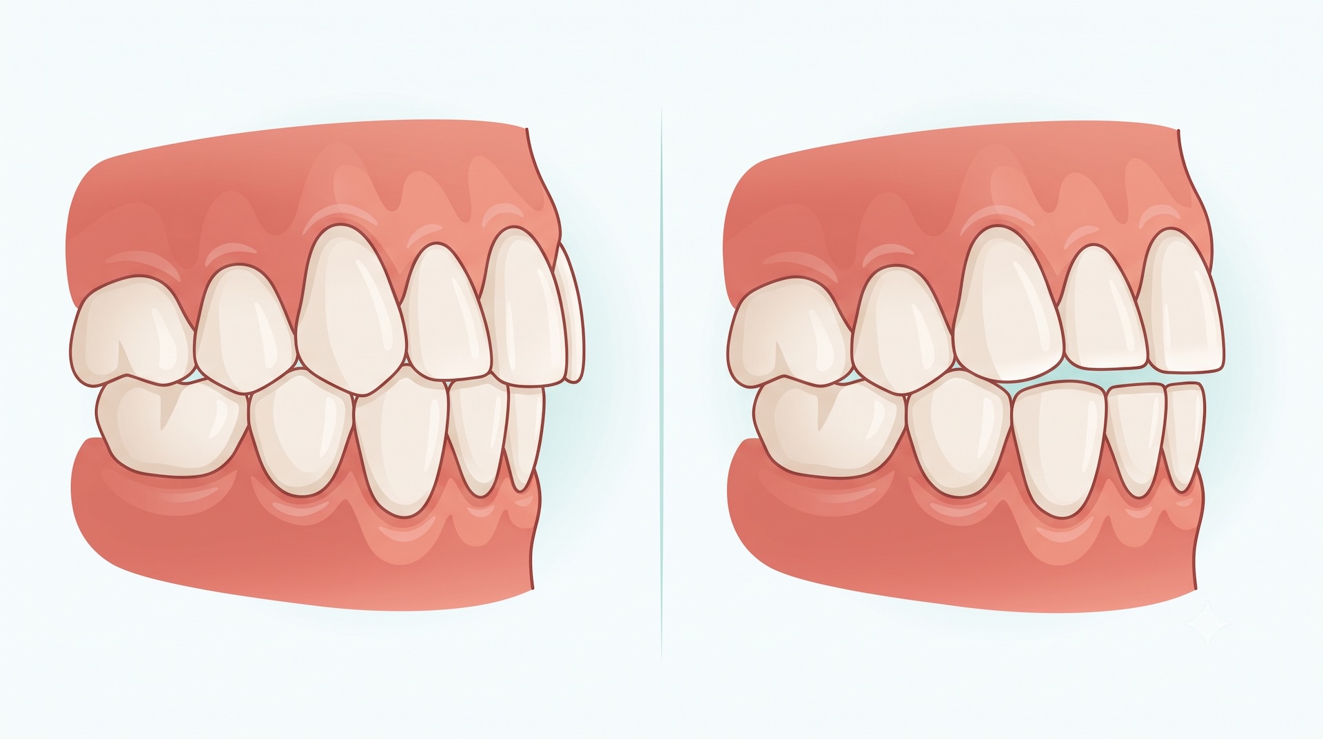 Illustration comparing front teeth with natural rounded biting edges to teeth with flattened, shortened edges from long-term grinding