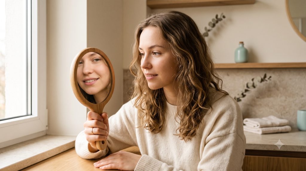 Young woman examining white spots on her front teeth in a hand mirror — early enamel demineralization evaluation, Orland Park